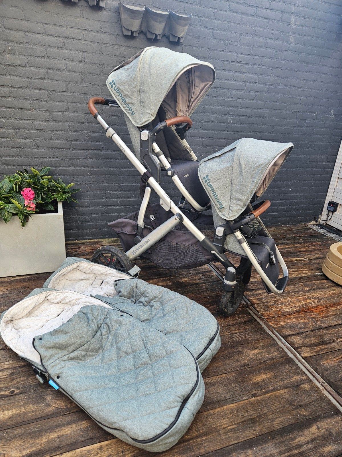 Uppababy Vista duo met voetenzakken en Maxi-Cosi adapter, Gebruikt, Combiwagen, Duowagen, Ophalen