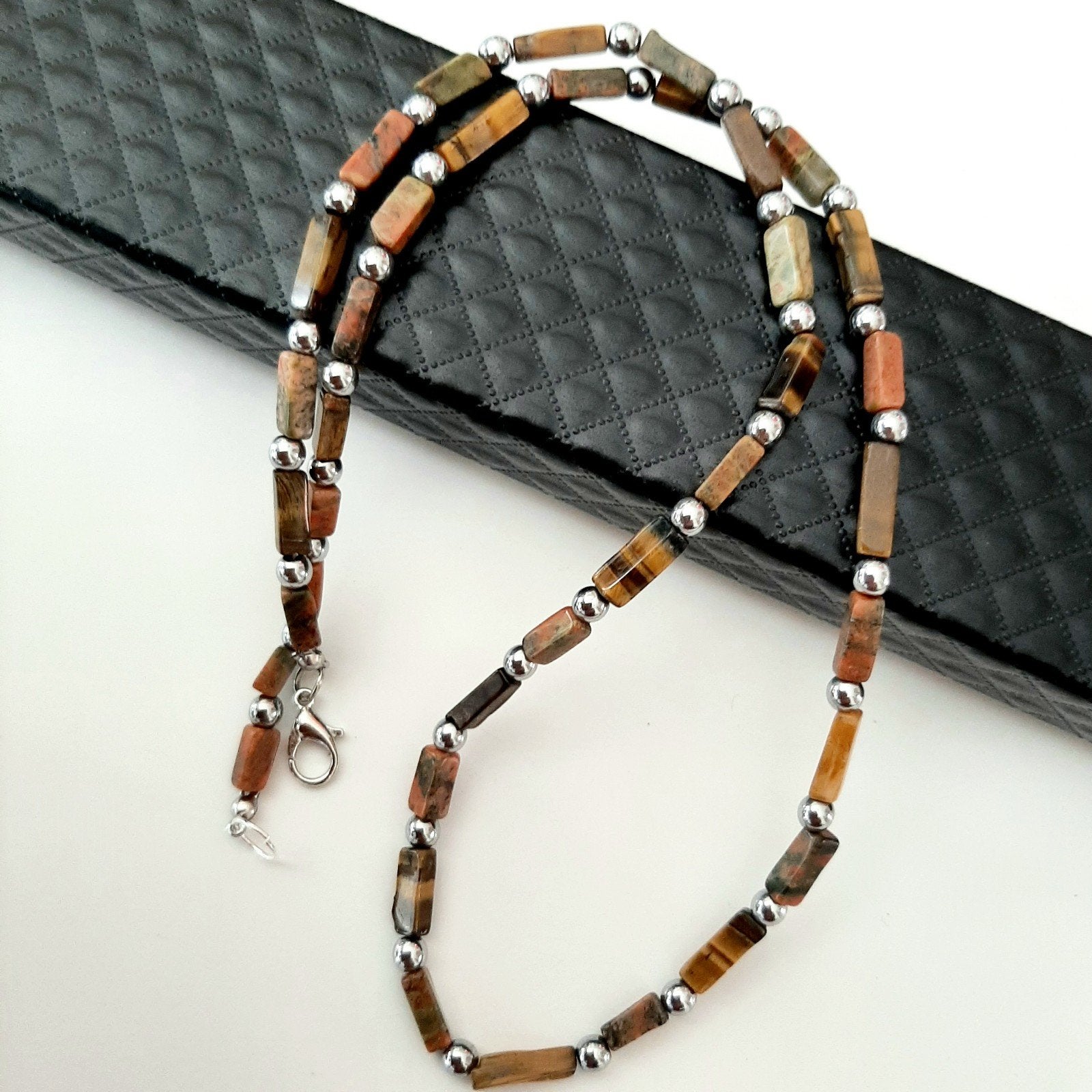 Unieke Herenketting Tijgeroog-Jaspis-Hematiet, Sieraden, Tassen en Uiterlijk, Kettingen, Ophalen of Verzenden, Nieuw, Overige kleuren