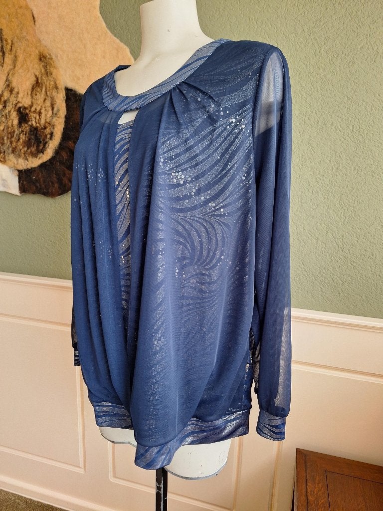 Komplimente top blauw zilver topje mt 50, Komplimente, Maat 46/48 (XL) of groter, Zo goed als nieuw, Lange mouw