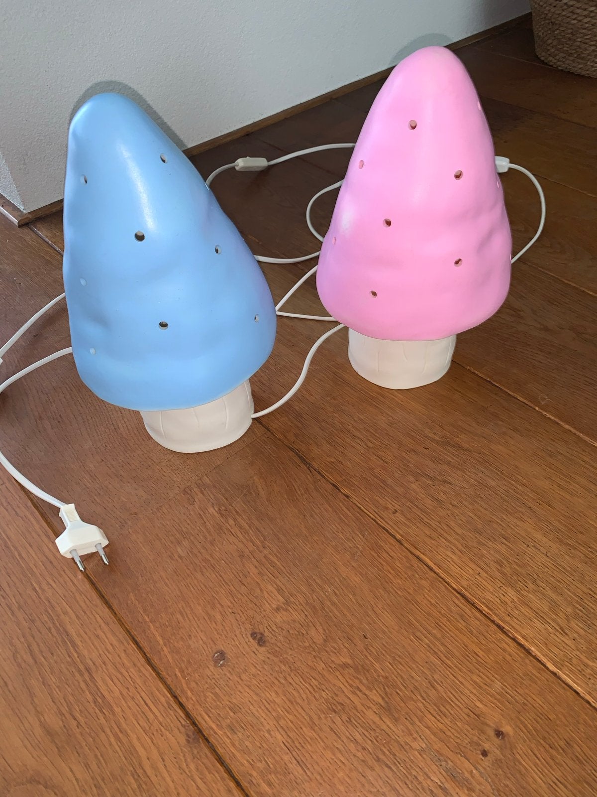 Vintage Heico paddenstoel lampen - roze en blauw, Gebruikt, Ophalen of Verzenden, Meerkleurig, Lamp