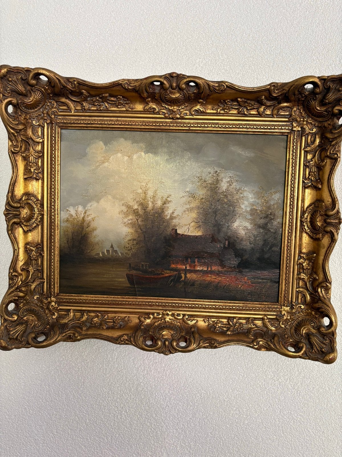 Klassiek olieverfschilderij: Hollands landschap met boot, Doek, Ophalen of Verzenden, Gesigneerd, Landschap