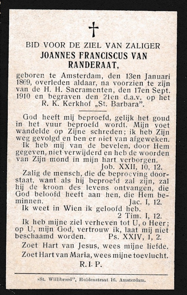 Randeraat Joannes 1869 Amsterdam 1910, Ophalen of Verzenden, Bidprentje