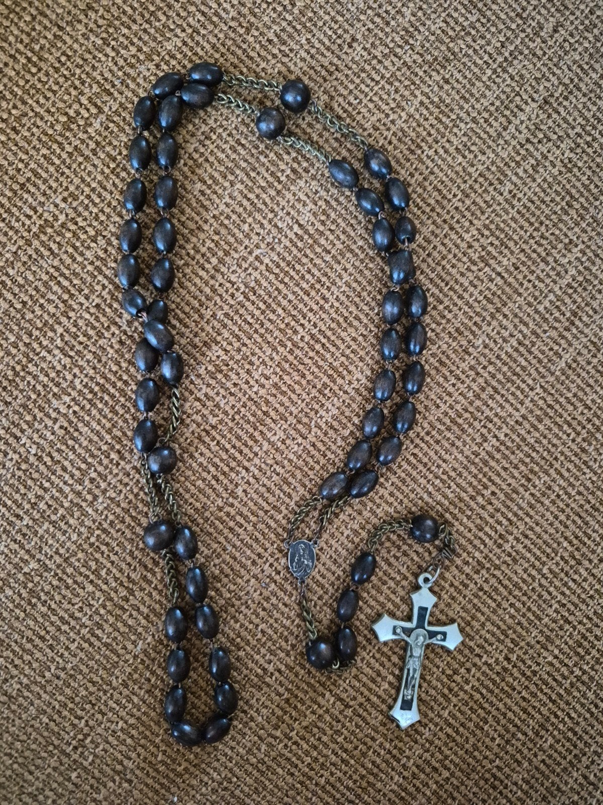 Antieke Rozenkrans met Houten Kralen en Metalen Kruis, Antiek en Kunst, Ophalen of Verzenden