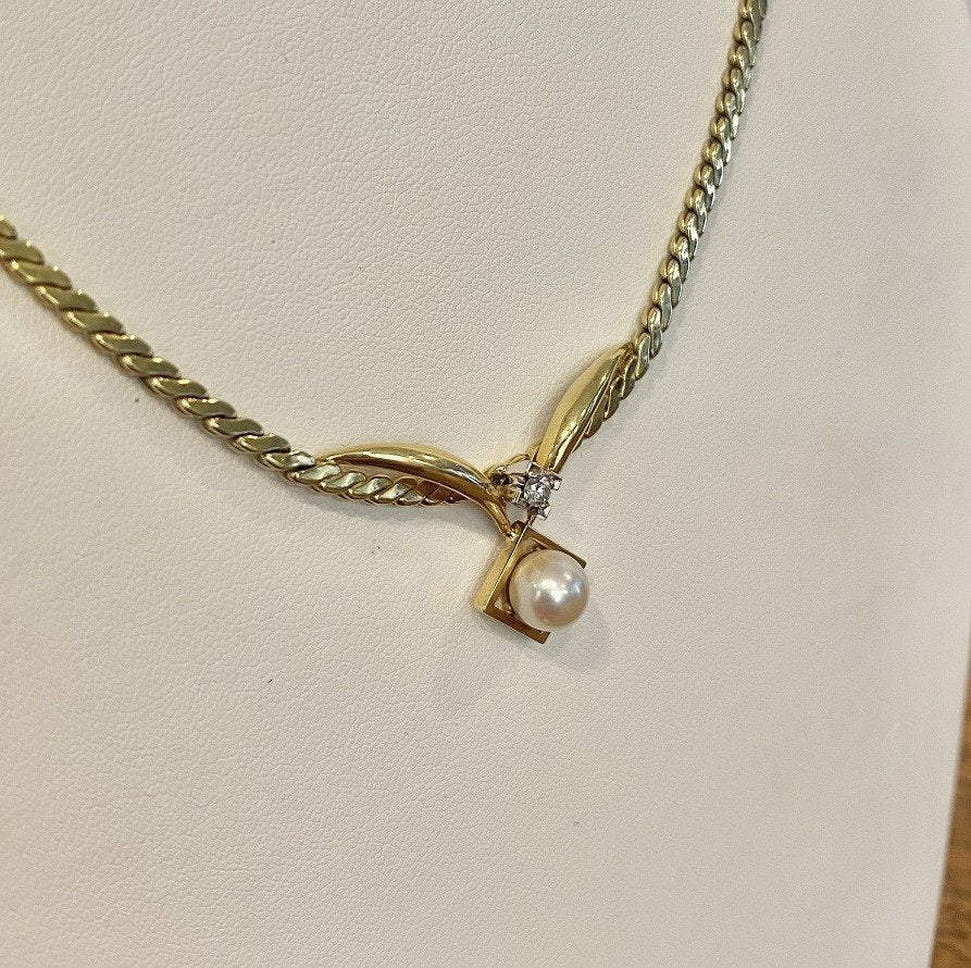 14K Gouden Collier met Diamant & Parel, Ophalen of Verzenden, Zo goed als nieuw, Info@kleenedelmetalen.nl, Goud