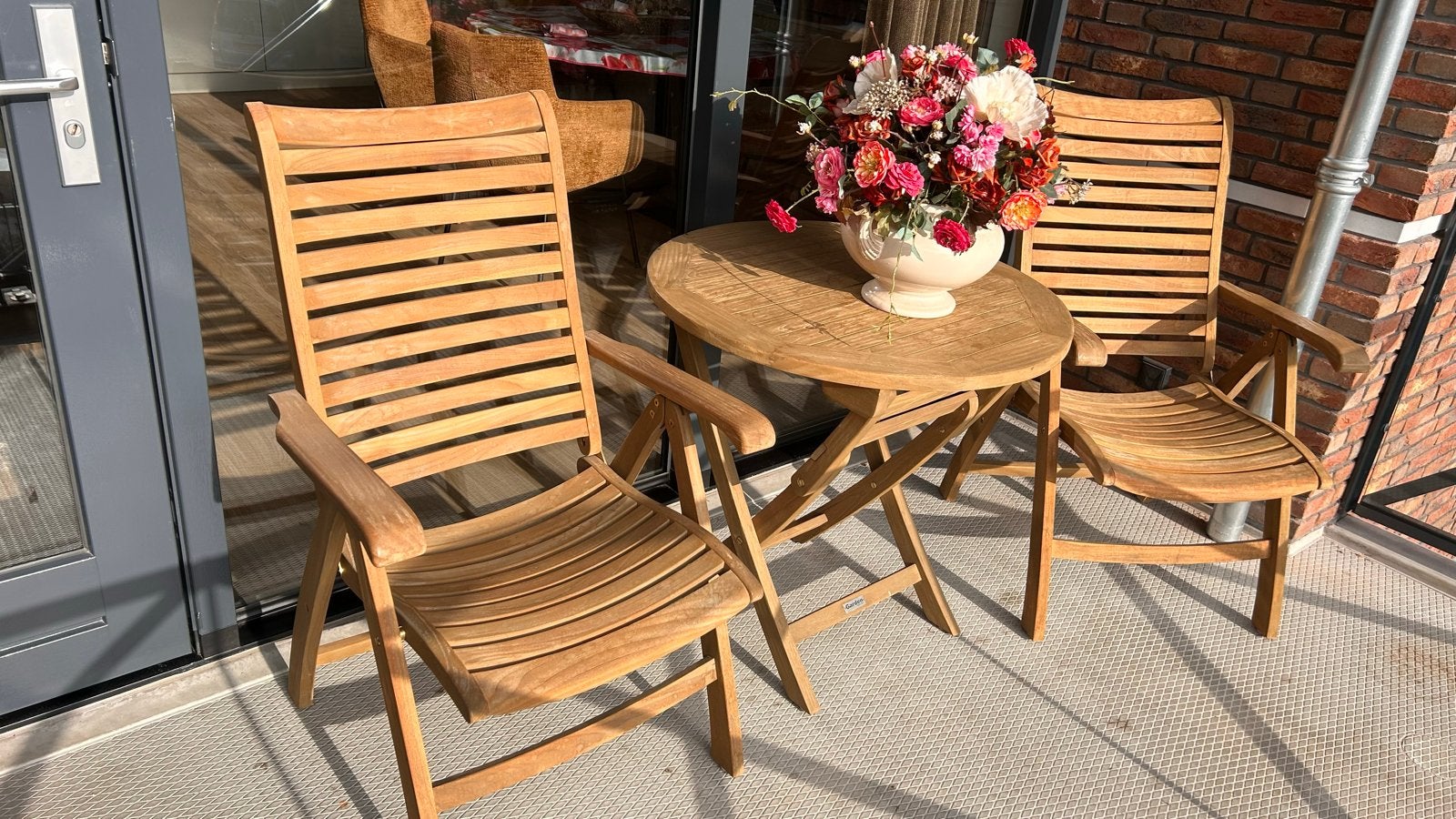 Garden Collections tuinset met 2 stoelen en ronde tafel, Gebruikt, Teakhout, Stoel, Tuinset