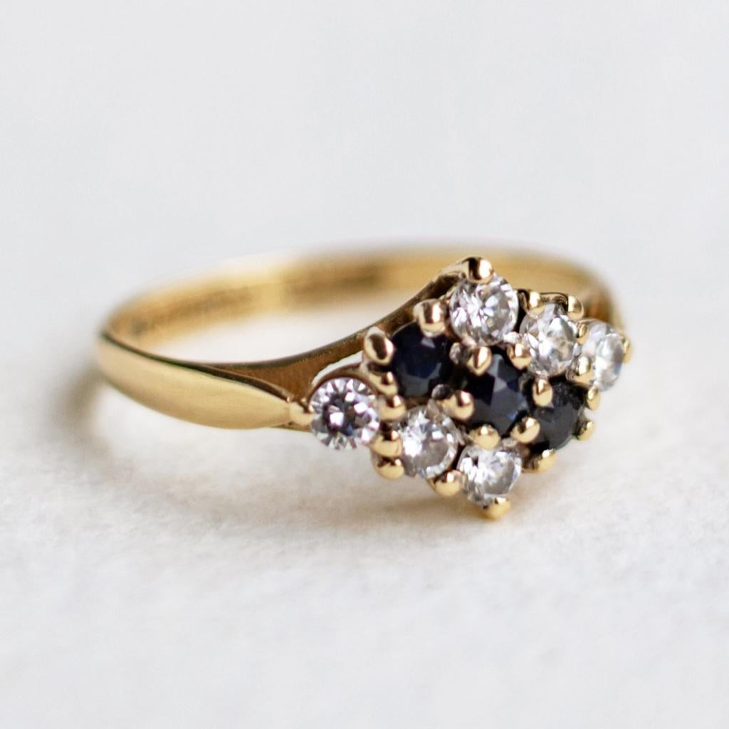 Vintage 9K gouden cluster ring met Saffier & CZ - maat 15,5, Ophalen of Verzenden, Met edelsteen, Dame, Goud
