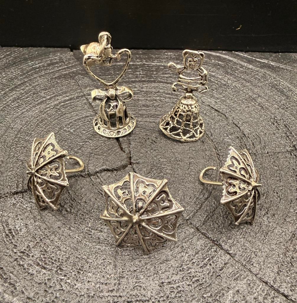 5 Zilveren Miniaturen: 3 Parasolletjes & 2 Belletjes, Verzenden, Zilver
