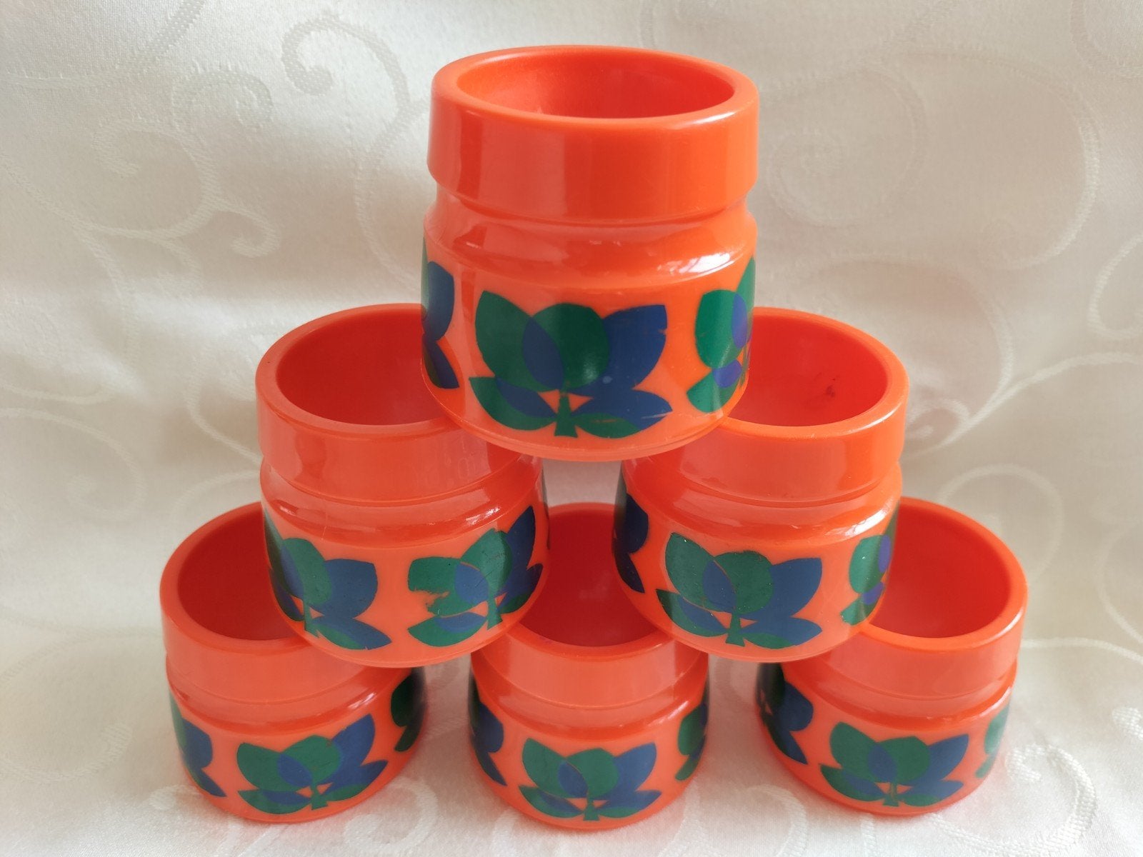 Emsa eierdopjes oranje met groene en blauwe bloemen, Overige typen, Kunststof, Ophalen of Verzenden, Zo goed als nieuw