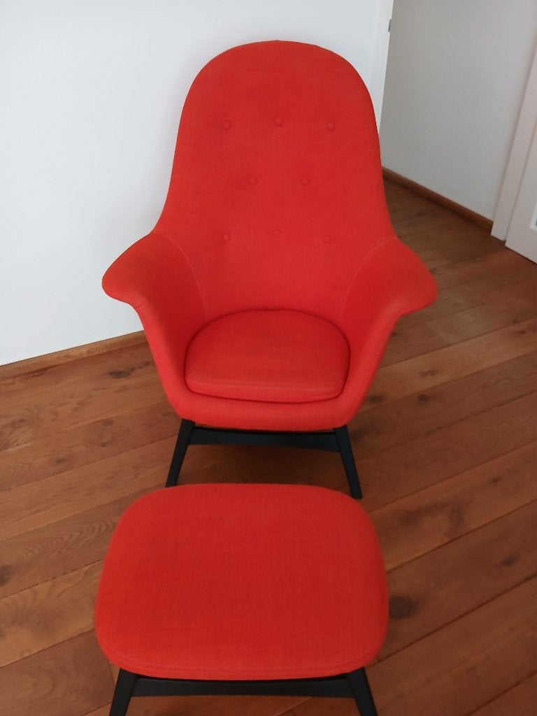 Rode Ikea fauteuil met voetenbank, Ophalen, 75 tot 100 cm, Zo goed als nieuw, 75 tot 100 cm