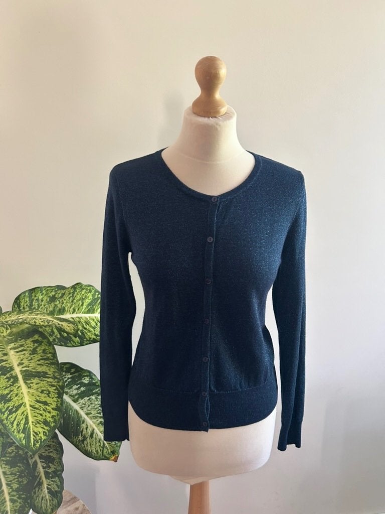 King Louie maat L donkerblauwe glitter vest cardigan 3370, Blauw, Maat 42/44 (L), Ophalen of Verzenden, Zo goed als nieuw