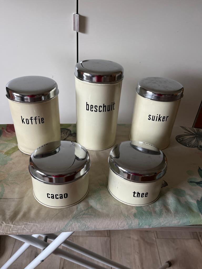 Vintage voorraadpotten set - Koffie, Thee, Suiker, Beschuit,, Beige, Gebruikt, Ophalen of Verzenden, Voorraadpot