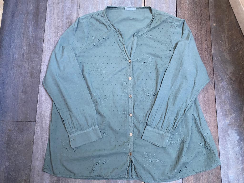 Cassis & Paprika blouse 50 kaki katoenen blouse, opengewerkt, Kleding | Dames, Blouses en Tunieken, Verzenden, Maat 46/48 (XL) of groter