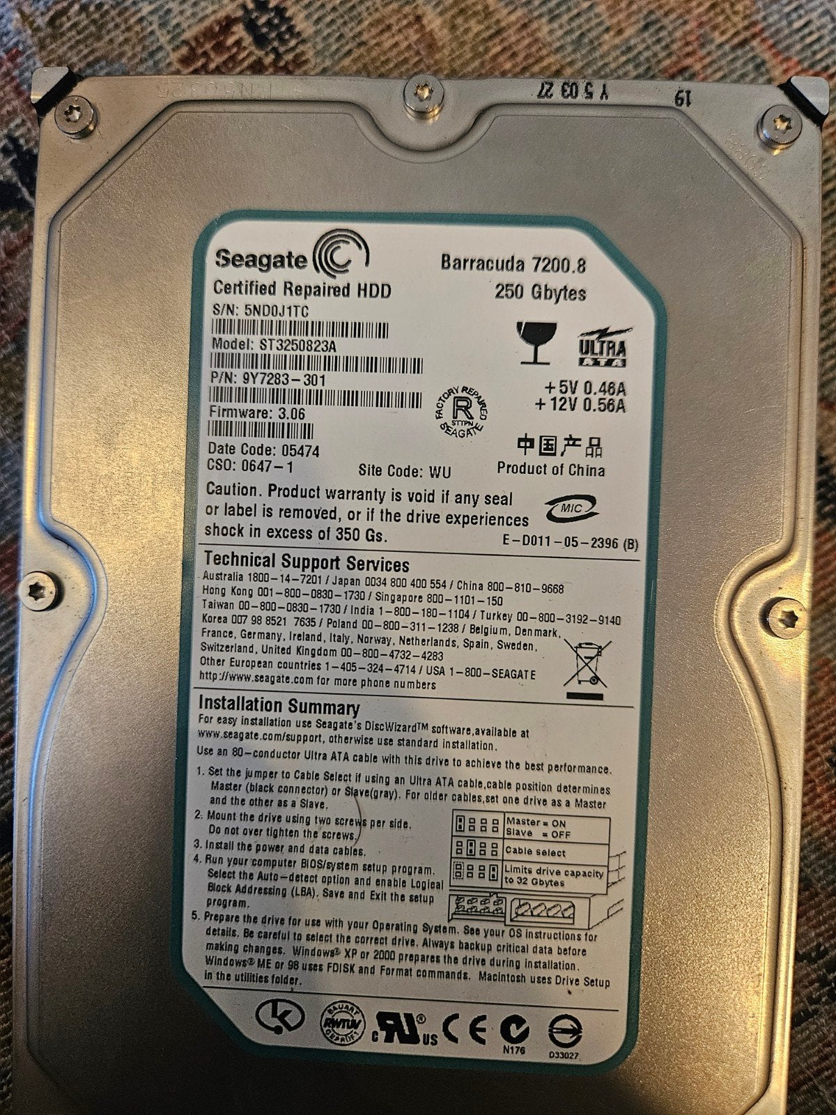 Seagate Barracuda 7200.8 250GB IDE HDD, Intern, Gebruikt, PATA, HDD