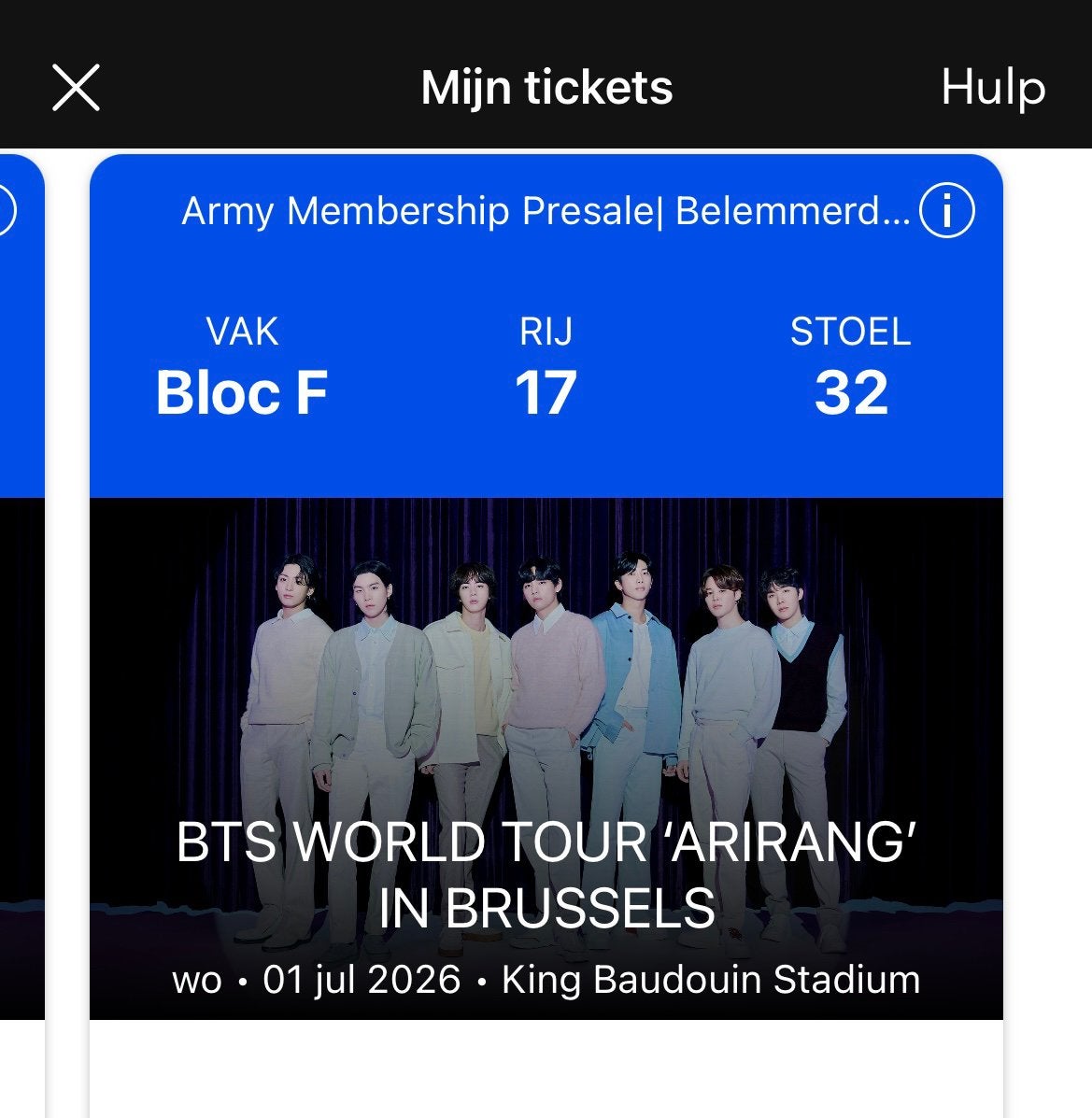 Te koop: 1x zitplek BTS vak 2F 1e ring wo 1 juli @ Brussel, Tickets en Kaartjes, Eén persoon, Juli