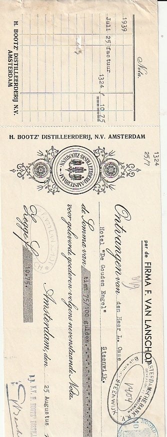 Bootz distilleerderij Amsterdam wissel  1939, Ophalen of Verzenden, Zo goed als nieuw, Overige typen