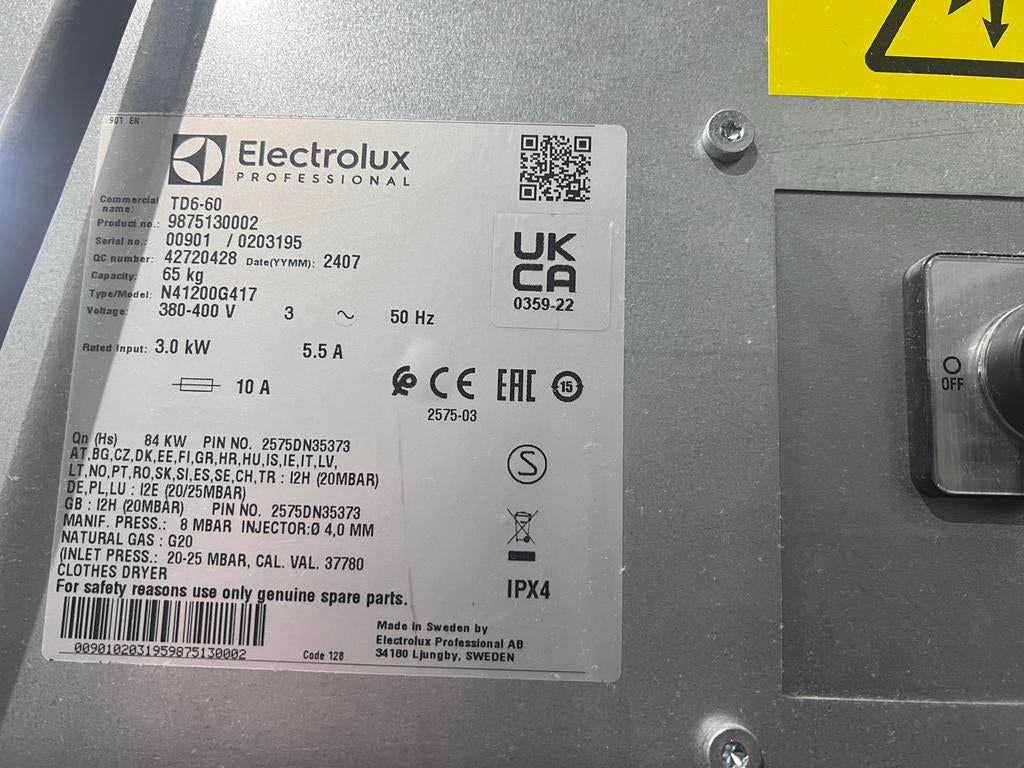 Electrolux Professional TD6-60 Industriële Droger 65 kg, Gebruikt, 10 kg of meer, Overige typen, Ophalen of Verzenden
