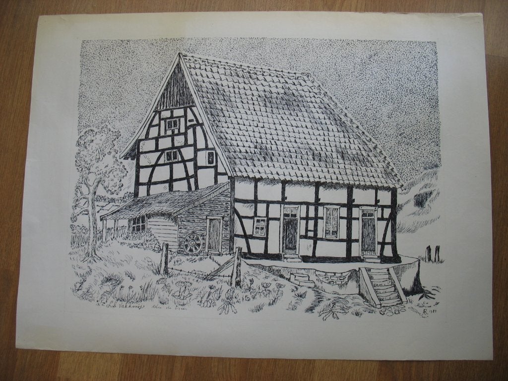 Tekening Prent Vakwerkhuis in Z Limburg ( 1989)Vintage, Ophalen of Verzenden