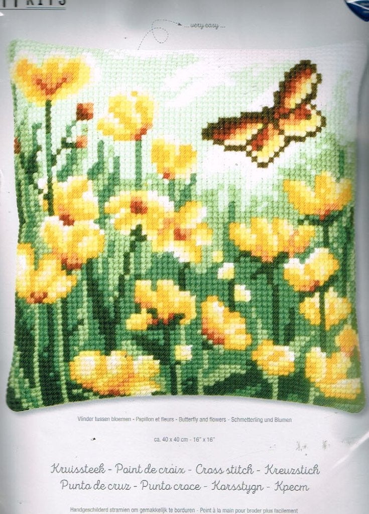 Cado vervaco borduurpakket kussen VLINDER bij GELE BLOEMEN, Ophalen of Verzenden, Nieuw, Handborduren, Borduurpakket