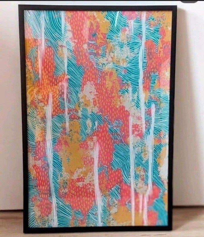 Abstract kunstwerk 'Tussenin' op papier, ingelijst, Ophalen