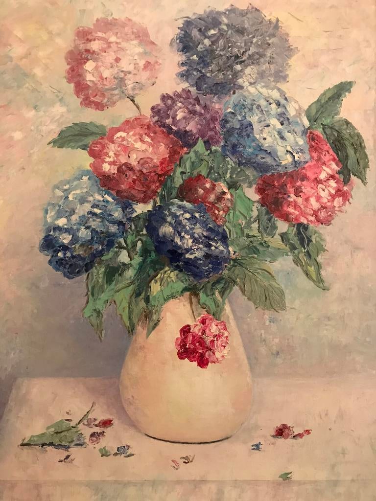 Hortensia bloemen in vaas, Ophalen, 50 tot 75 cm, Schilderij, 50 tot 75 cm
