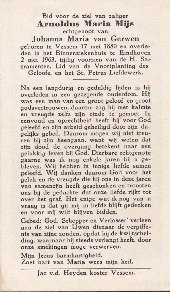 Mijs Arnoldus 1880 Vessem 1963 Eindhoven, Ophalen of Verzenden, Bidprentje