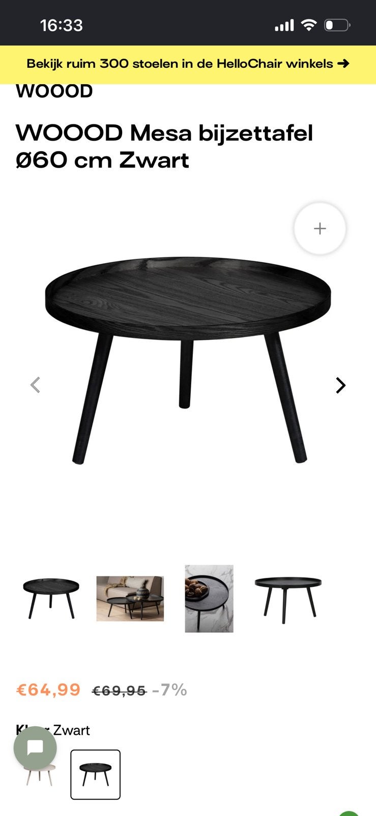 Strakke WOOOD Mesa Bijzettafel (Ø60 cm) – Zwart, Ophalen of Verzenden, Zo goed als nieuw, Rond, Minder dan 55 cm