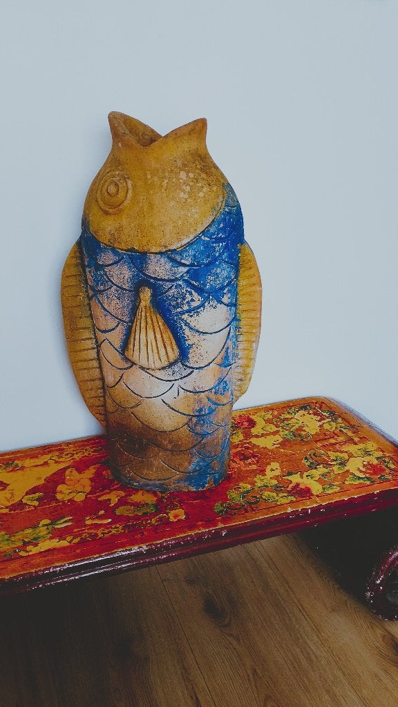 Vintage stoere terracotta XL vaas in de vorm van een vis, Ophalen of Verzenden