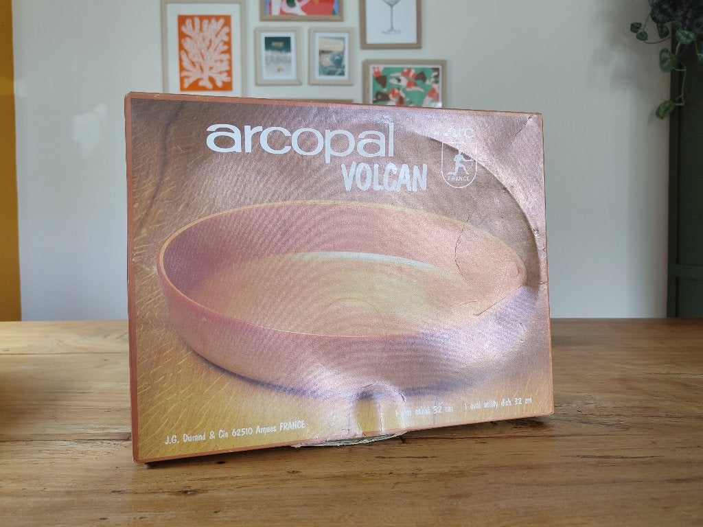 Vintage Arcopal Volcan schaal 32 cm – originele doos, Ophalen of Verzenden