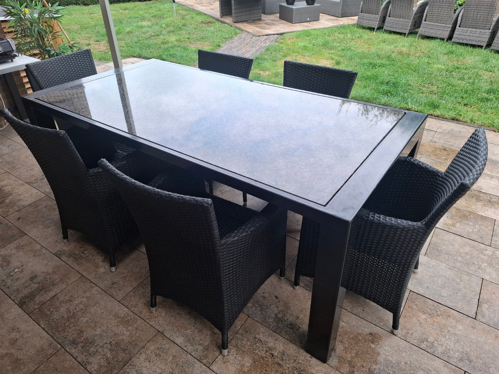 tuinset 6 stoelen metalen tafel natuursteen / graniet  blad, Ophalen, Overige materialen, Gebruikt, Eettafel