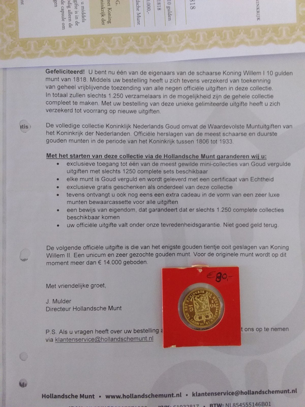 Goud vergulde 10 Gulden Koning Willem I 1818 (herslag), Postzegels en Munten, Verzenden