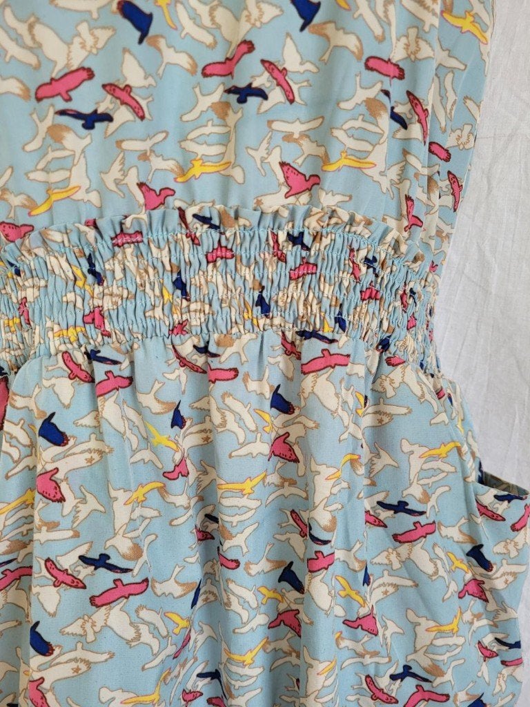 Mooie blauwe jurk met vogels mt S/M merk Suncoo, Blauw, ., Ophalen of Verzenden, Zo goed als nieuw