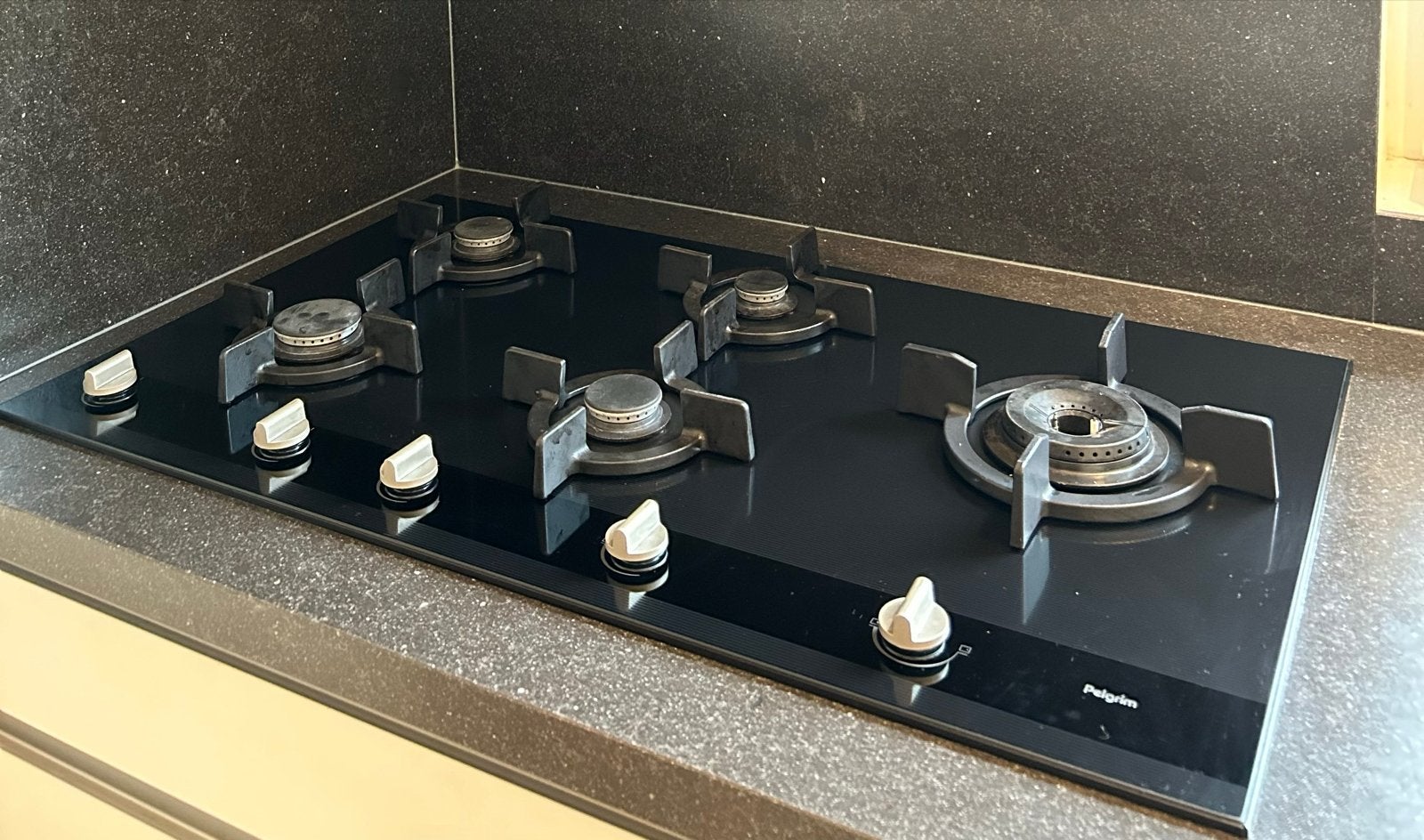 Pelgrim Gas Kookplaat - 5 Kookzones - Zwart Glas, Witgoed en Apparatuur, Ophalen, Gebruikt, Inbouw, Gas