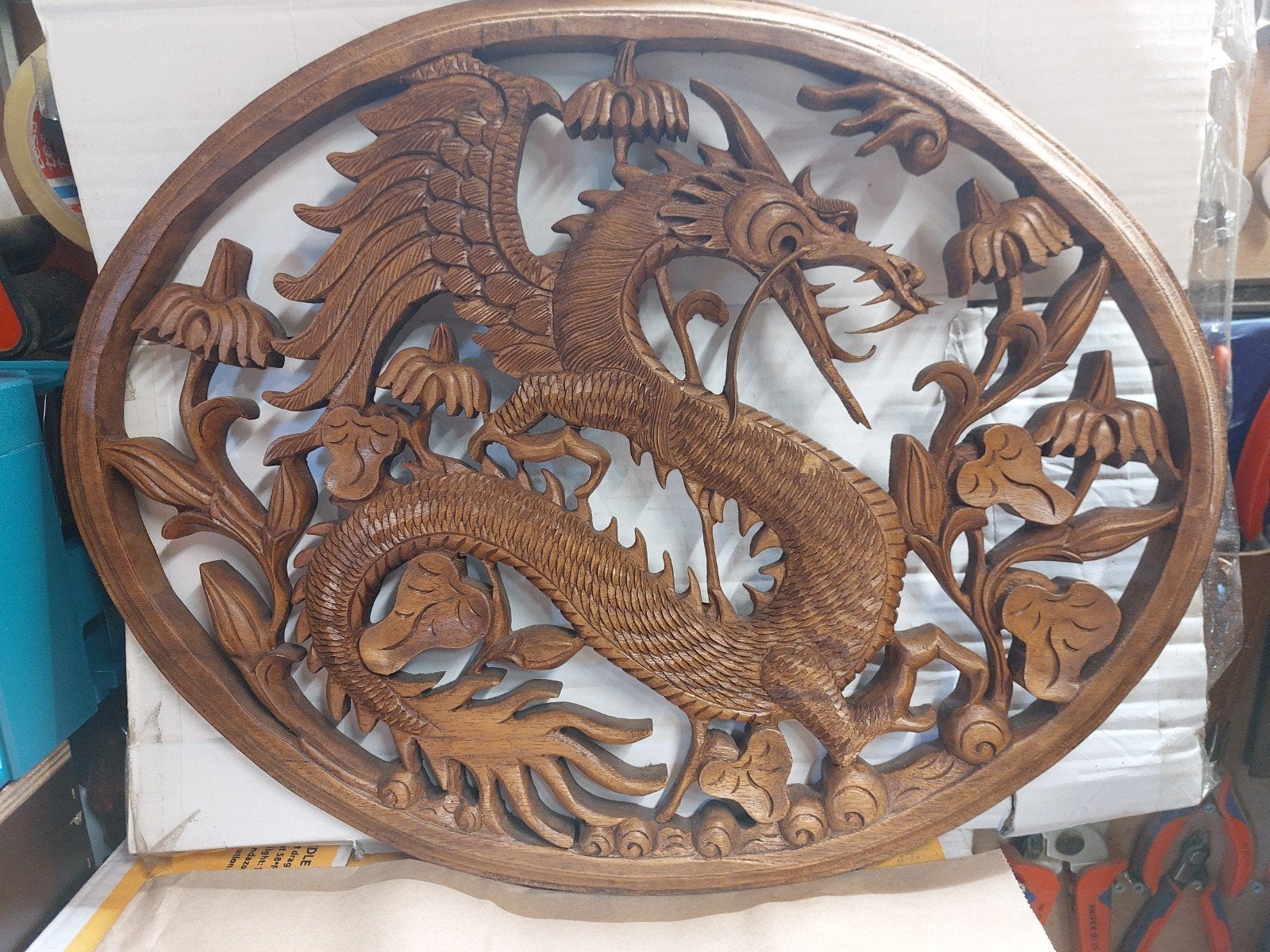 Houtsnijwerk Draak, Antiek en Kunst, Kunst | Beelden en Houtsnijwerken, Handgemaakt, Hout, Bruin, 50 - 100 cm