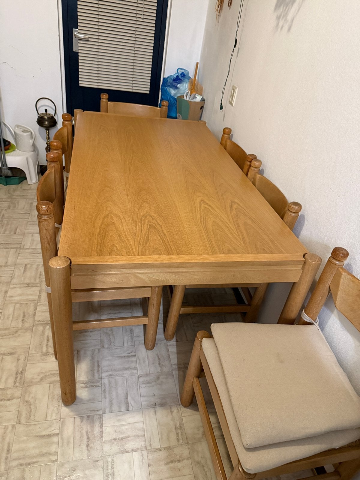 Massief houten eettafel met 6 stoelen, Ophalen, Gebruikt, 6 tot 8 stoelen