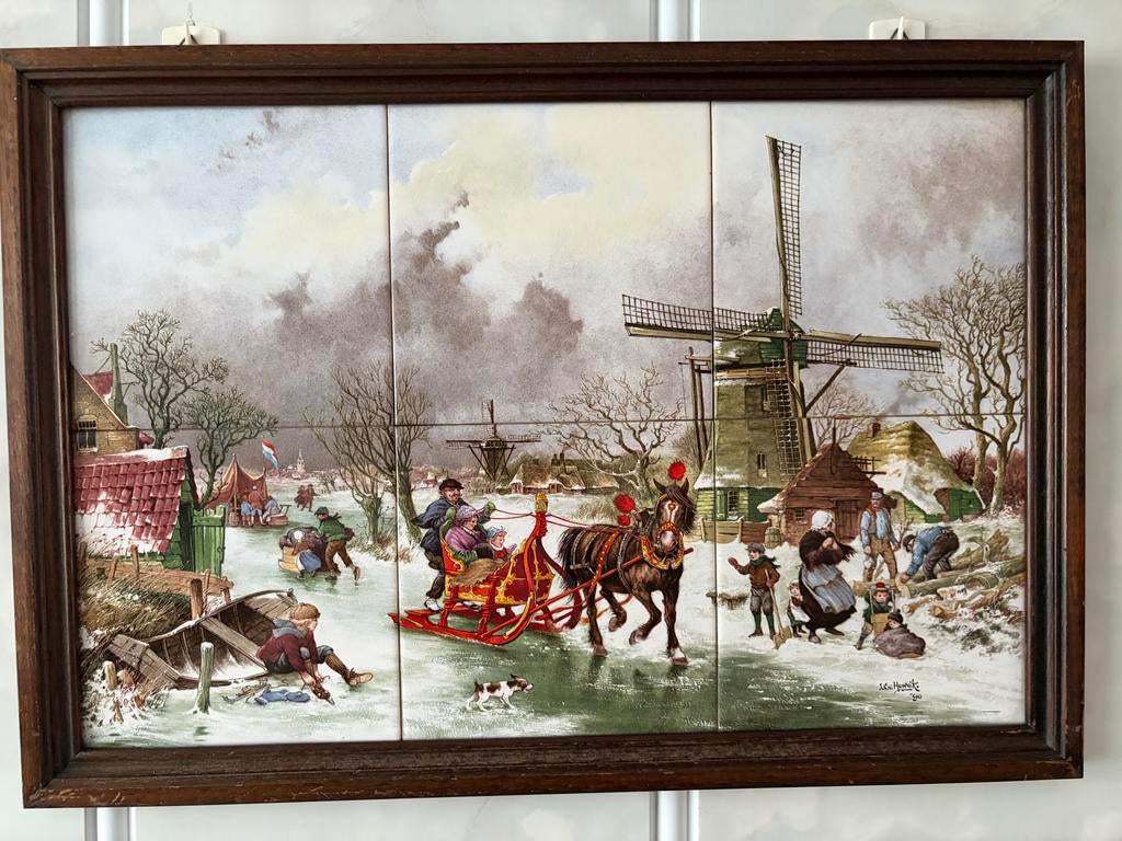 Tegeltableau Winterlandschap met Molen en Schaatsers, Ophalen