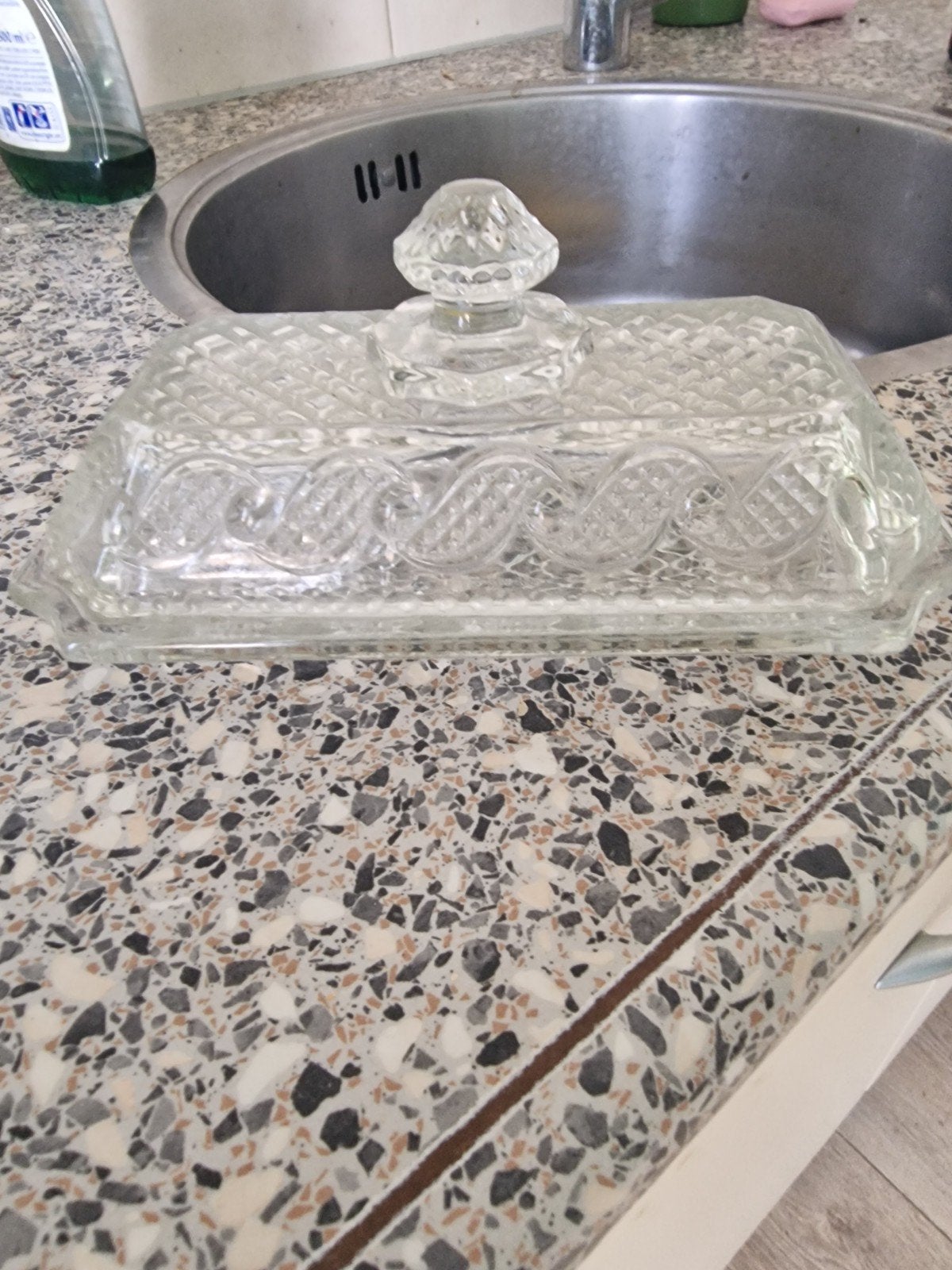 Vintage Avon glazen botervloot met patroon, Ophalen of Verzenden