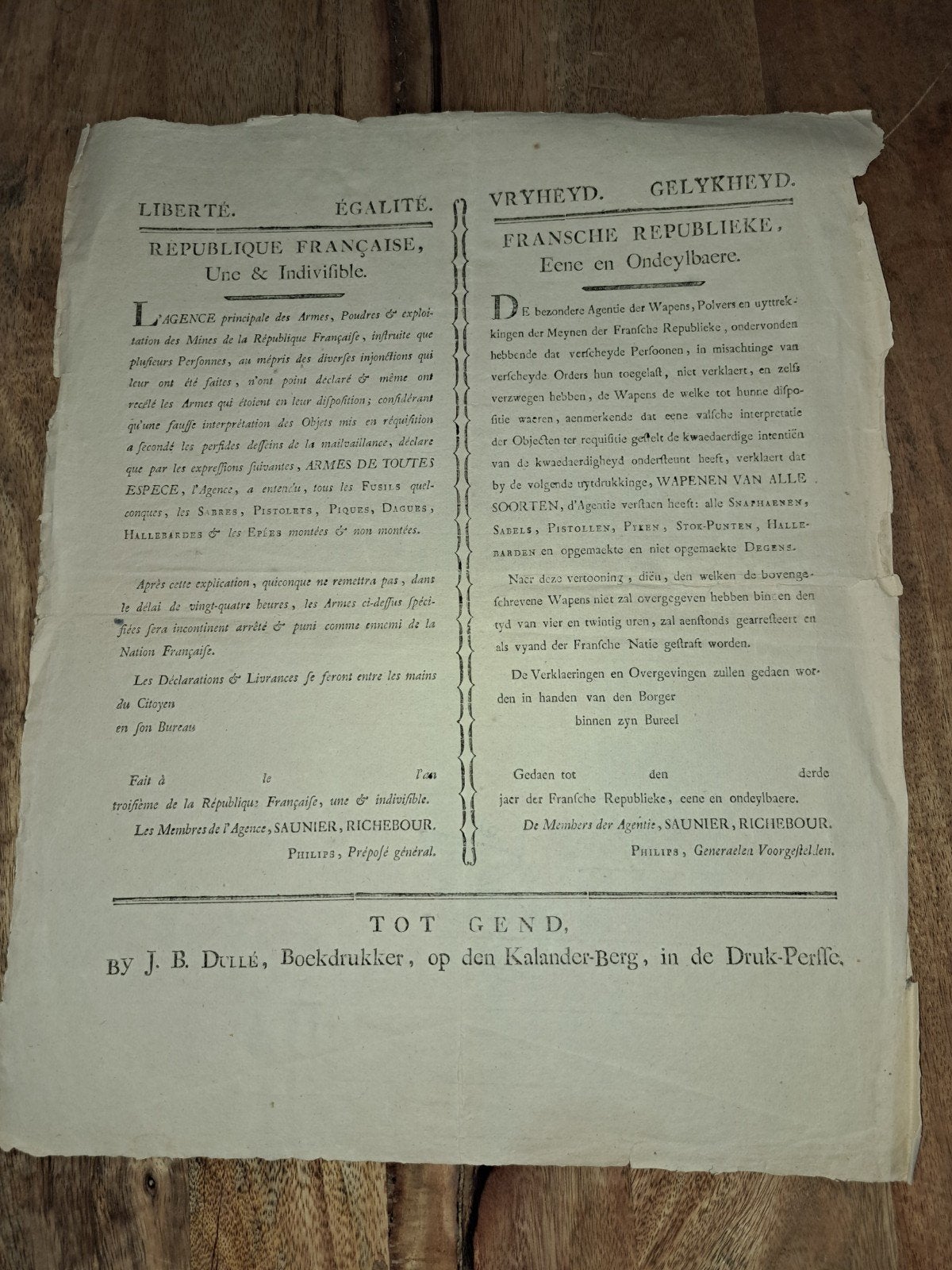Franse Republiek Wapenverklaring Gent 1795, Gelezen, Ophalen of Verzenden, J. B. Duilé (Boekdrukker), Voor 1940