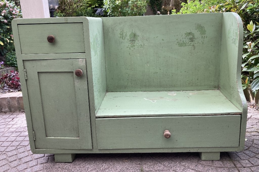 Brocante groen houten telefoonbankje - halkastje / Hongarije, Ophalen