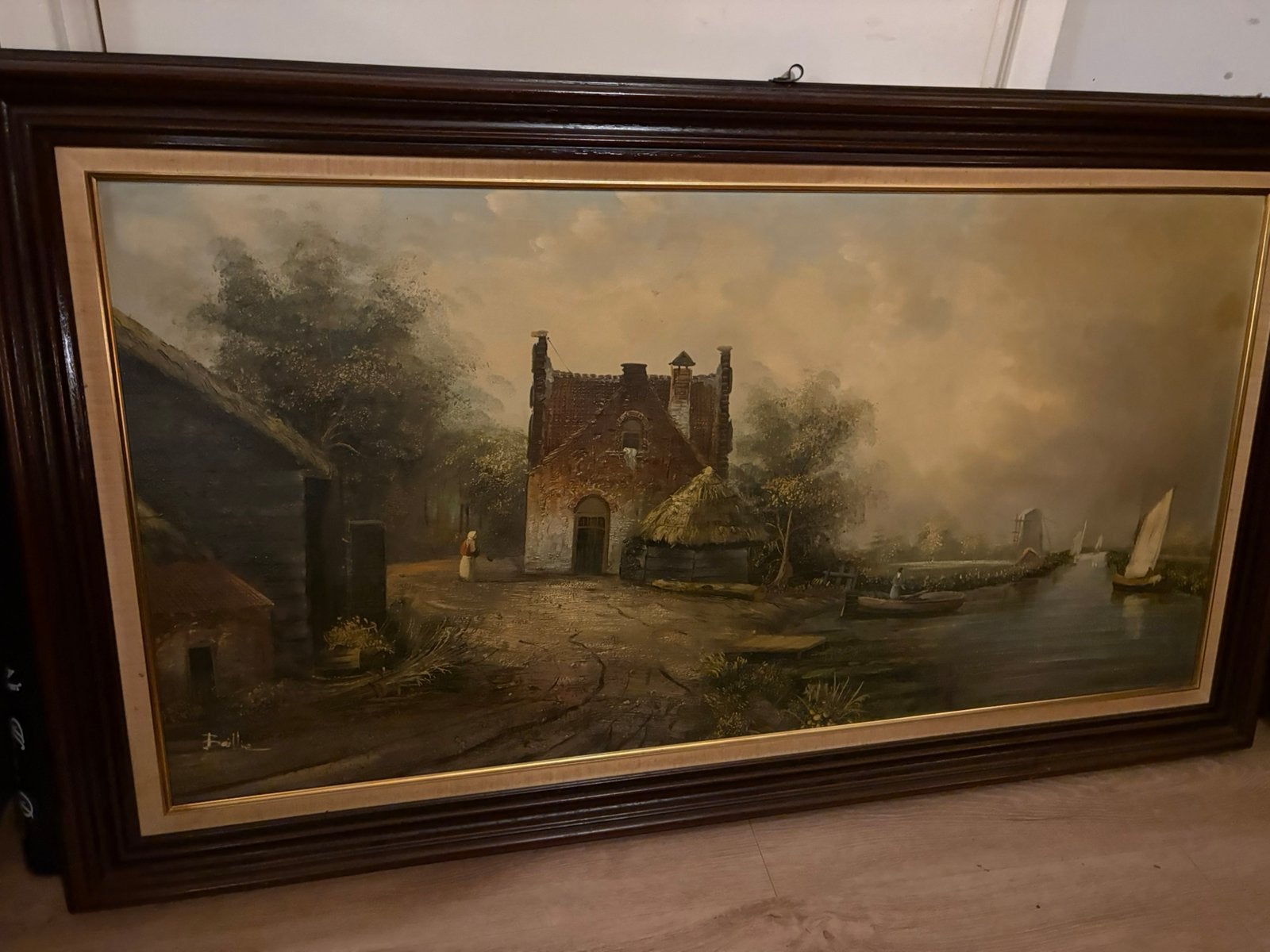 olieverfschilderij Baillie Hollands rivierlandschap + boten, Ophalen, Doek, Oud hollands, Olieverf