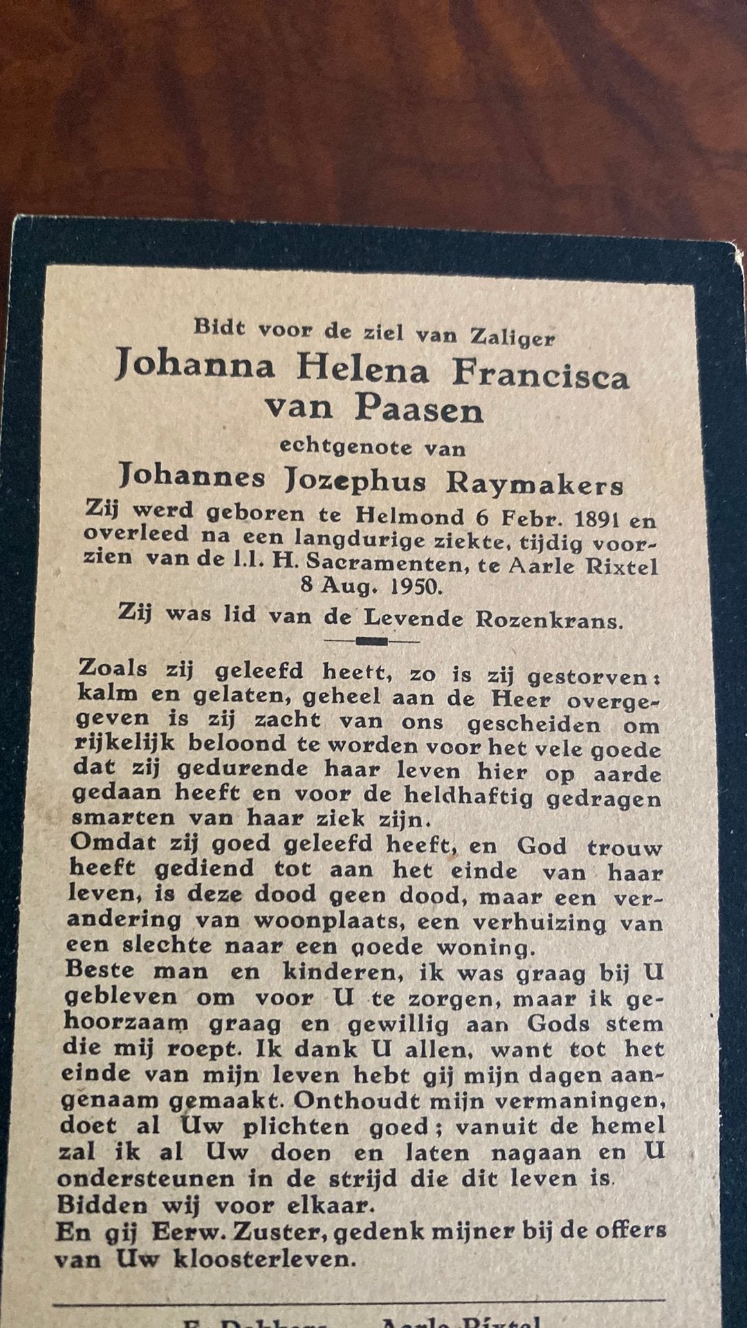 JHF Raymakers - van Paasen 1881 Helmond 1950 Aarle-Rixtel, Ophalen of Verzenden