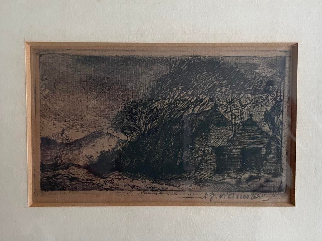 Ingelijste ets Arend Jan van Driesten Leidse school schilder, Ingelijst, Ets, 23 cm, 19 cm