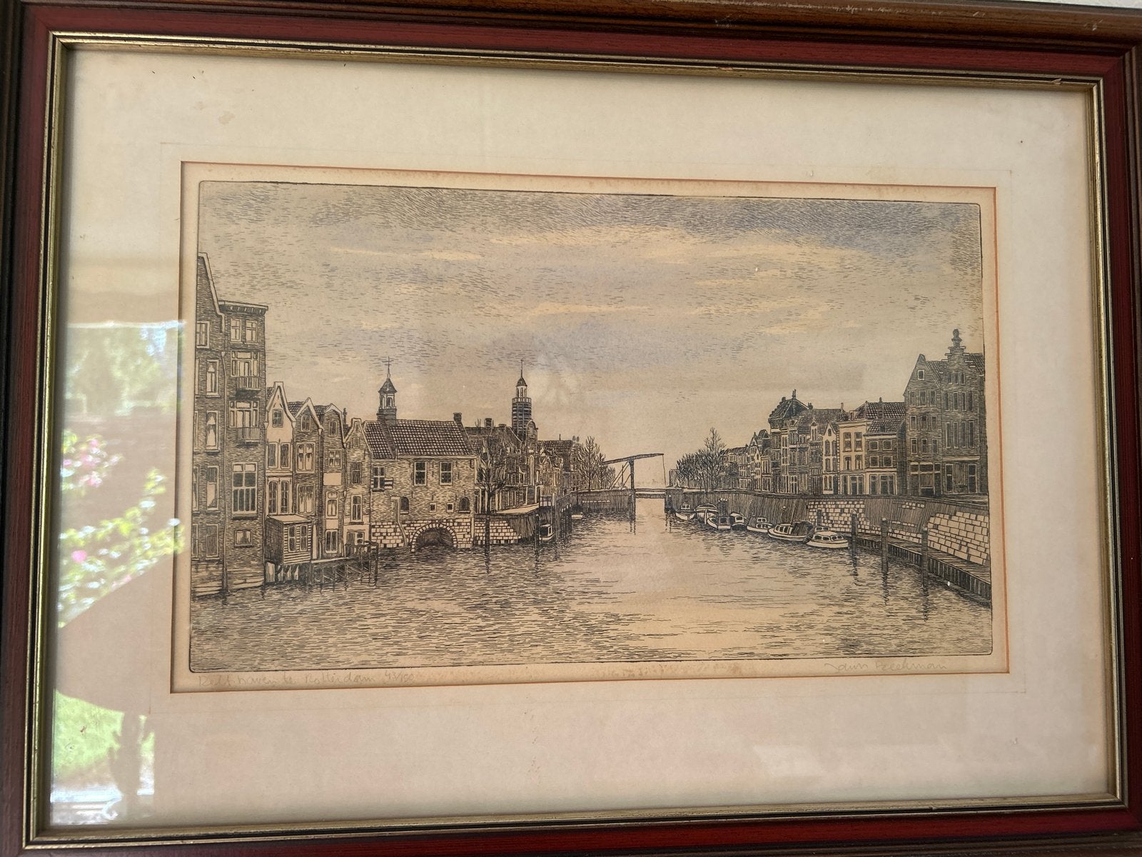Ets Delfshaven Rotterdam door John Beekman? (43/150), Ophalen, Stadsgezicht, 1950 - 1999, Genummerd