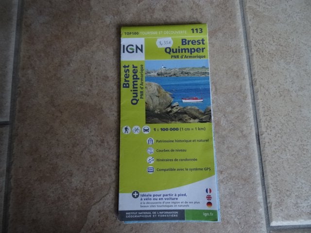 IGN Top 100 wegenkaart 113 Bretagne, Brest, Quimper, Boeken, Atlassen en Landkaarten, Ophalen of Verzenden, 2000 tot heden, Frankrijk