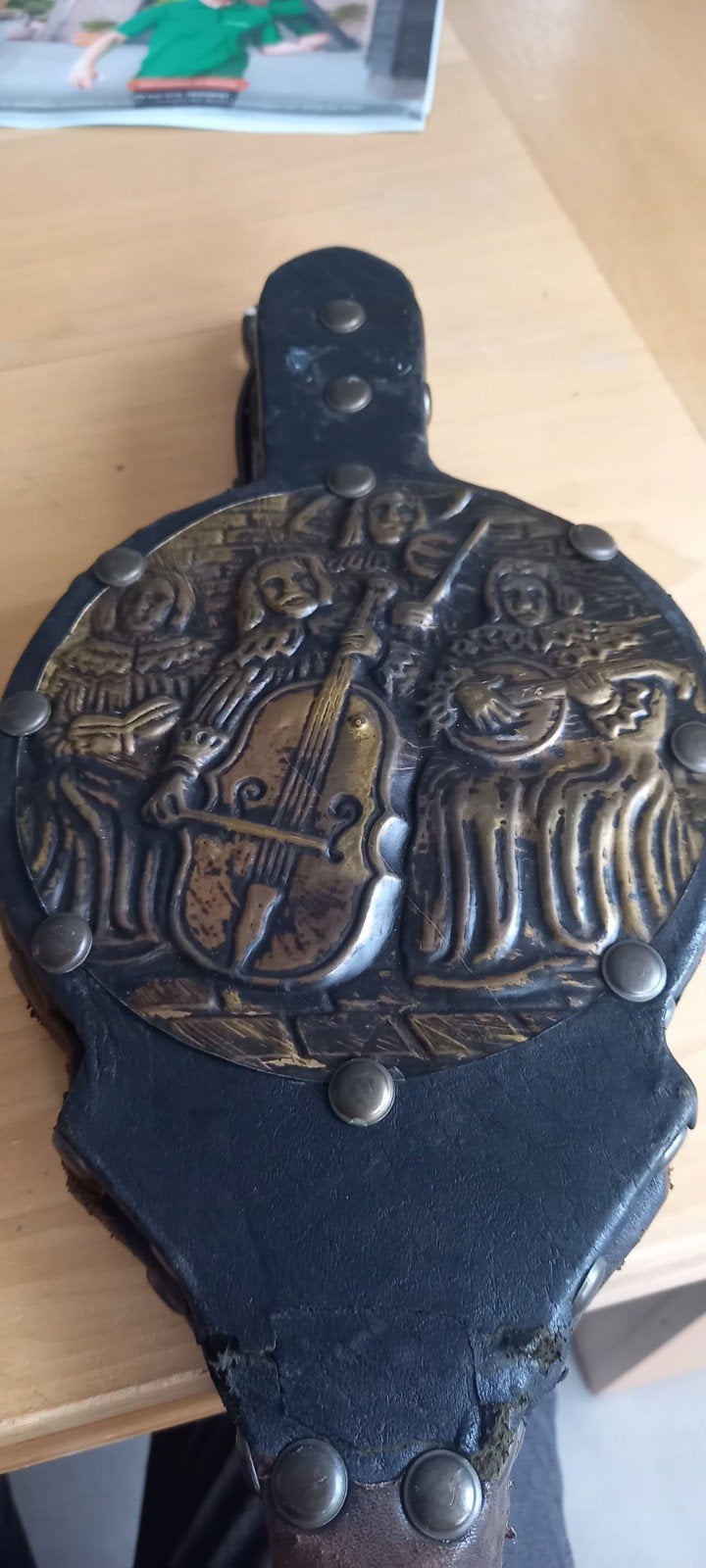 MOOIE ANTIEKE MAAR GAVE MESSING EN VAN LEER GEMAAKTE BLAASBA, Ophalen of Verzenden