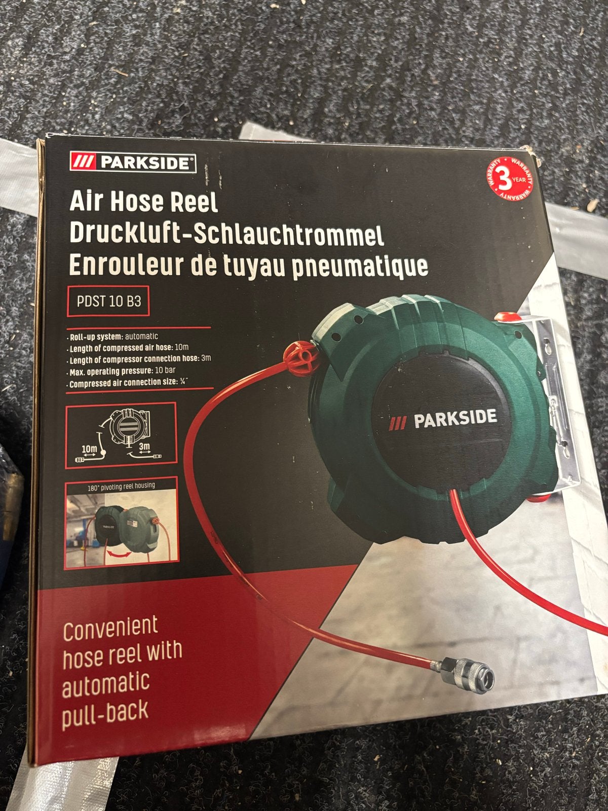 Parkside Luchtslanghaspel PDST 10 B3 en luchtslang, Doe-het-zelf en Verbouw, Compressors, Ophalen of Verzenden, Nieuw, 6 tot 10 bar