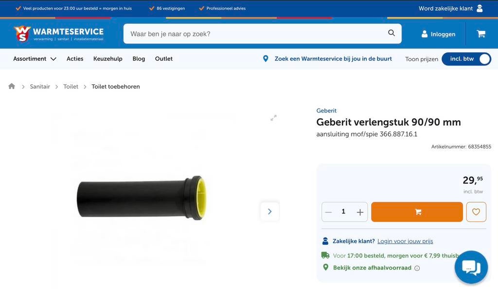 Geberit verlengstuk 90/90 mm, Ophalen, Nieuw
