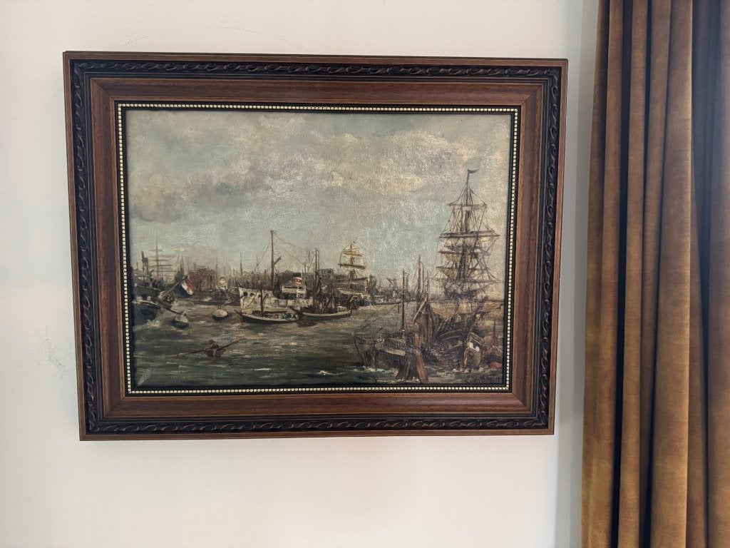 Evert Moll (1878–1955) – Rotterdams havengezicht, Antiek en Kunst, Maritiem / water, Doek, Impressionistisch, Ophalen of Verzenden