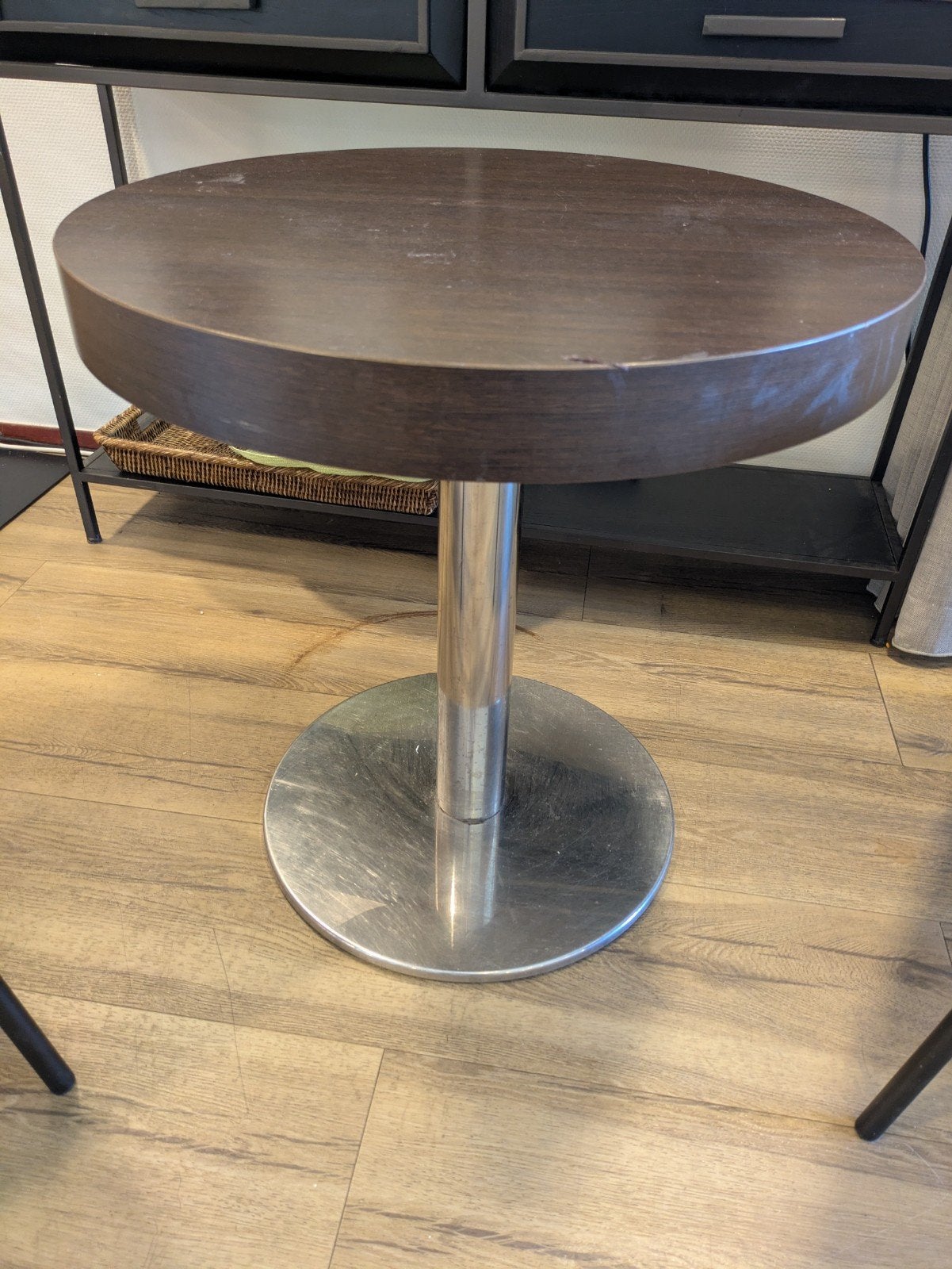 2 x Ronde bistro tafel met metalen poot, Overige houtsoorten, Gebruikt, 50 tot 100 cm, Rond