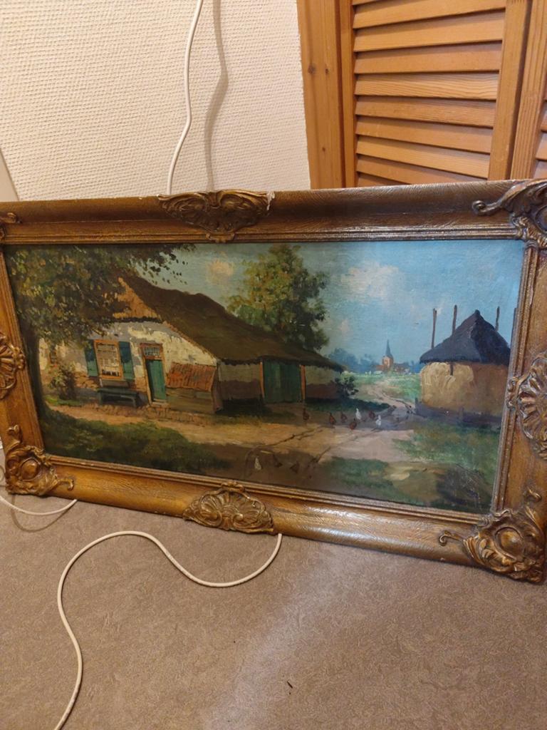 Oud Hollands Landschap Schilderij in Gouden Lijst, Ophalen of Verzenden