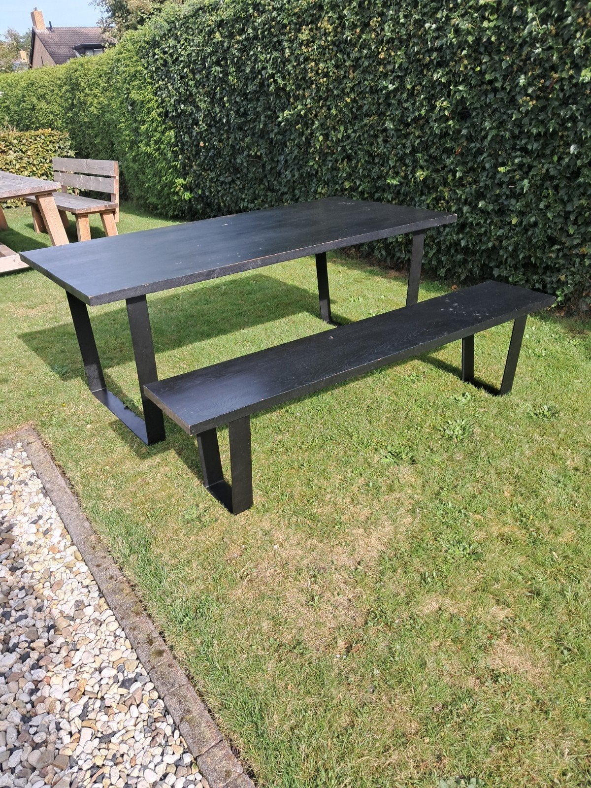 zware zwarte tafel met bijpassende bank, Tuin en Terras, Ophalen, Rechthoekig, Hout